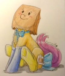 Size: 587x680 | Tagged: safe, artist:ravenpuff, derpibooru import, oc, oc:paper bag, pony, bow, clothes, fake cutie mark, neck bow, paper bag, simple background, sitting, socks, solo, tail bow, traditional art, white background