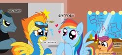 Size: 1523x685 | Tagged: safe, artist:gonzahermeg, rainbow dash, scootaloo, spitfire, oc, pegasus, pony, clothes, dressing room, earbuds, female, filly, goggles, male, mare, scootalove, stalker, stallion, uniform, waifu, wonderbolts uniform