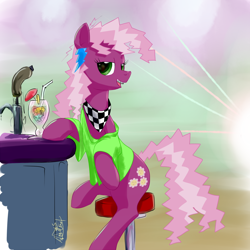 Size: 1000x1000 | Tagged: safe, artist:archonix, cheerilee, earth pony, pony, 80s, 80s cheerilee, bar, bedroom eyes, braces, cheeribetes, clothes, cute, drink, looking at you, neckerchief, nightclub, open mouth, sitting, smiling, solo, stool