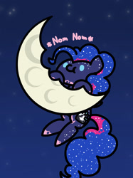 Size: 1280x1707 | Tagged: safe, artist:flutterluv, derpibooru import, pinkie pie, earth pony, pony, series:flutterluv's full moon, bodypaint, clothes, cosplay, costume, cute, diapinkes, dot eyes, eating, edible heavenly object, moon, night, nom, onomatopoeia, paint, paint in hair, paint on fur, ponk, sky, solo, tangible heavenly object