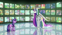 Size: 1920x1080 | Tagged: safe, artist:rublegun, princess celestia, twilight sparkle, alicorn, pony, flashback, parody, the architect, the matrix