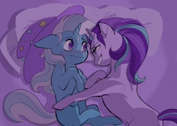 Size: 2100x1500 | Tagged: safe, artist:bokkitoki, derpibooru import, starlight glimmer, trixie, pony, unicorn, bed, blushing, clothes, cute, diatrixes, female, grin, hat, lesbian, mare, missing cutie mark, on side, pillow, shipping, smiling, startrix, trixie's hat