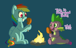 Size: 1280x812 | Tagged: safe, artist:pabbley, rainbow dash, spike, dragon, pegasus, pony, drumstick, female, fire, food, grin, male, meat, ponies eating meat, rainbowspike, shipping, spike don't care about meat, straight