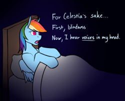 Size: 1239x1001 | Tagged: safe, artist:jykinturah, rainbow dash, pegasus, pony, askblinddash, bed, blind, in bed, solo