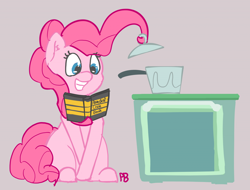 Size: 1280x974 | Tagged: safe, artist:pabbley, pinkie pie, earth pony, pony, 30 minute art challenge, anarchist cookbook, book, cooking, grin, kitchen, pot, prehensile mane, sitting, solo