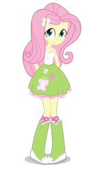 Size: 833x1458 | Tagged: safe, artist:negasun, fluttershy, equestria girls, boots, clothes, cute, hands behind back, simple background, skirt, smiling, socks, solo, tanktop, transparent background, vector