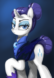 Size: 558x800 | Tagged: safe, artist:miracle32, rarity, pony, unicorn, the cutie re-mark, alternate timeline, bun, clothes, female, mare, night maid rarity, nightmare takeover timeline, raised hoof, solo