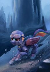 Size: 831x1200 | Tagged: dead source, safe, artist:maggwai, rainbow dash, pegasus, pony, the cutie re-mark, alternate timeline, apocalypse dash, clothes, crystal war timeline, helmet, prosthetics, solo, uniform