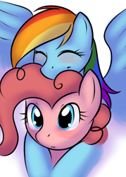 Size: 500x700 | Tagged: safe, artist:kloudmutt, pinkie pie, rainbow dash, earth pony, pegasus, pony, blushing, female, hug, lesbian, mare, pinkiedash, shipping, simple background, surprised, white background