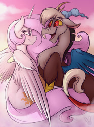 Size: 946x1271 | Tagged: safe, artist:meggchan, discord, princess celestia, alicorn, draconequus, pony, dislestia, female, male, pink-mane celestia, shipping, straight, younger