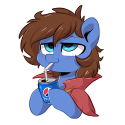 Size: 750x750 | Tagged: safe, artist:colorfulcolor233, artist:sugar morning, derpibooru import, oc, oc only, oc:bizarre song, pony, animated, bedroom eyes, bepis, blinking, bust, can, cape, clothes, commission, cute, drink, looking up, male, onomatopoeia, pepsi, portrait, simple background, soda, solo, stallion, straw, text, white background, your character here