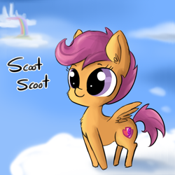 Size: 792x792 | Tagged: safe, artist:tjpones, scootaloo, pony, cheek fluff, chest fluff, cloud, cloudsdale, cute, cutealoo, ear fluff, on a cloud, scooting, sky, solo