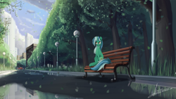 Size: 2841x1600 | Tagged: safe, artist:rublegun, lyra heartstrings, bench, car, city, cityscape, cloud, cloudy, lamppost, leaves, outdoors, park, reflection, scenery, sky, solo, tree, water