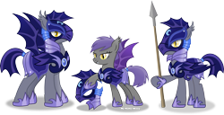 Size: 3712x1900 | Tagged: safe, artist:vector-brony, oc, oc only, oc:midnight blossom, bat pony, pony, alternate timeline, armor, bat pony oc, fangs, female, helmet, hoof shoes, inkscape, male, mare, night guard, nightmare takeover timeline, royal guard, simple background, slit eyes, spear, stallion, transparent background, trio, vector, weapon