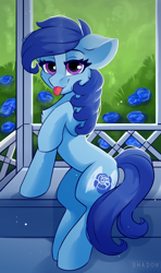 Size: 1300x2200 | Tagged: safe, artist:php97, derpibooru import, oc, oc only, oc:raylanda, earth pony, pony, :p, bush, chest fluff, cute, cutie mark, eyelashes, female, flower, gazebo, looking at you, mare, raised hoof, rose, solo, tongue out