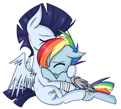 Size: 2091x1883 | Tagged: safe, artist:littlecloudie, rainbow dash, soarin', pegasus, pony, the cutie re-mark, alternate timeline, amputee, apocalypse dash, athletic tape, augmented, backwards cutie mark, crystal war timeline, cute, dashabetes, eyes closed, female, floppy ears, hug, leg wraps, male, prosthetic limb, prosthetic wing, prosthetics, scar, shipping, smiling, soarinbetes, soarindash, straight