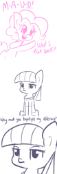 Size: 792x2376 | Tagged: safe, artist:tjpones, maud pie, pinkie pie, earth pony, pony, the gift of the maud pie, comic, dialogue, illiteracy, simple background, sitting, spelling, unamused, white background