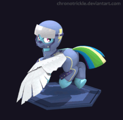 Size: 543x533 | Tagged: safe, artist:chronotrickle, rainbow dash, pegasus, pony, the cutie re-mark, 3d, alternate timeline, animated, apocalypse dash, clothes, crystal war timeline, flight suit, flying, helmet, solo, turnaround