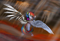 Size: 3874x2619 | Tagged: safe, artist:vinicius040598, rainbow dash, pegasus, pony, the cutie re-mark, alternate timeline, amputee, apocalypse dash, arrows, augmented, crystal war timeline, epic, fight, fire, flying, prosthetic limb, prosthetic wing, prosthetics, rear view, solo, spread wings