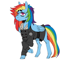 Size: 1680x1680 | Tagged: safe, artist:scarfyace, derpibooru import, rainbow dash, oc, oc:morning glory (project horizons), pegasus, pony, fallout equestria, fallout equestria: project horizons, clothes, coat, fanfic, fanfic art, female, hooves, mare, raised hoof, simple background, solo, transformation, white background, wings