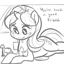 Size: 500x500 | Tagged: safe, artist:mt, starlight glimmer, oc, oc:anon, pony, comforting, crying, dialogue, giant pony, hug, macro, monochrome, prone, sketch, smiling, tears of joy