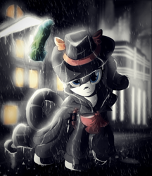 Size: 1326x1536 | Tagged: safe, artist:ruhisu, rarity, pony, unicorn, rarity investigates, detective rarity, levitation, magic, maltese falcon, noir, rain, solo, telekinesis