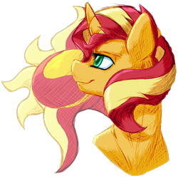 Size: 894x893 | Tagged: safe, artist:thatonegib, derpibooru import, sunset shimmer, unicorn, bust, cutie mark, cutie mark background, female, looking away, looking up, mare, multicolored hair, portrait, signature, simple background, smiling, solo, transparent background