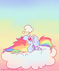 Size: 546x654 | Tagged: safe, artist:ponymonster, rainbow dash, pegasus, pony, chibi, cloud, cutie mark, female, gradient background, hooves, lying on a cloud, mare, on a cloud, on back, poking, solo, wings