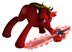 Size: 1024x737 | Tagged: safe, artist:evomanaphy, oc, oc only, oc:blazing light, pony, unicorn, fighting stance, glowing horn, looking at you, magic, solo, sword, weapon