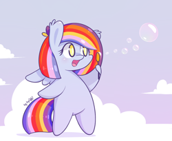 Size: 1248x1024 | Tagged: safe, artist:dsp2003, oc, oc only, oc:dolly flash, pegasus, pony, 2016, bipedal, chibi, cloud, female, lifeloser-ish, open mouth, soap bubble, solo, style emulation