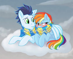 Size: 1600x1280 | Tagged: safe, artist:whisperseas, rainbow dash, soarin', pegasus, pony, blushing, clothes, cloud, cuddling, cute, dashabetes, female, hug, male, scarf, shared clothing, shared scarf, shipping, snuggling, soarindash, straight, tsunderainbow, tsundere, watermark, winghug