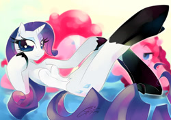 Size: 1417x1000 | Tagged: safe, artist:iopichio, derpibooru import, pinkie pie, rarity, anthro, clothes, corset, piercing