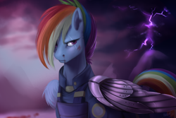 Size: 1500x1000 | Tagged: safe, artist:oblivionheart13, rainbow dash, pegasus, pony, the cutie re-mark, alternate timeline, apocalypse dash, blood, crystal war timeline, lightning, prosthetic limb, scar, solo