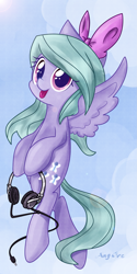 Size: 1417x2835 | Tagged: safe, artist:anggrc, flitter, pegasus, pony, :p, cute, flitterbetes, flying, headphones, silly, solo, tongue out