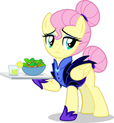 Size: 4637x5000 | Tagged: safe, artist:xebck, fluttershy, pegasus, pony, the cutie re-mark, absurd resolution, alternate hairstyle, alternate timeline, clothes, eyeshadow, food, glass, hair bun, herbivore, hilarious in hindsight, juice, lemonade, maid, makeup, night maid fluttershy, nightmare takeover timeline, salad, simple background, solo, transparent background, tray, vector