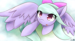 Size: 1960x1080 | Tagged: safe, artist:dshou, flitter, pegasus, pony, bow, cloud, colored pupils, female, flying, hair bow, large wings, looking at you, looking up, mare, open mouth, solo, spread wings, windswept mane, wings