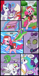 Size: 833x1600 | Tagged: safe, artist:madmax, gummy, opalescence, pinkie pie, princess celestia, rarity, twilight sparkle, alicorn, earth pony, pony, unicorn, carousel boutique, comic, female, innuendo, mare, pokemans pink, pokémon, shrunken pupils