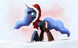 Size: 2000x1250 | Tagged: safe, artist:ncmares, princess luna, alicorn, pony, boots, candy, candy cane, clothes, cold, female, food, mare, mouth hold, santa costume, snow, snowfall, solo, winter