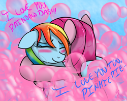 Size: 1280x1024 | Tagged: safe, artist:sonicrainboom93, pinkie pie, rainbow dash, earth pony, pegasus, pony, fanfic:the party hasn't ended, blushing, bubble, crying, fanfic, fanfic art, female, hug, lesbian, mare, pinkiedash, shipping