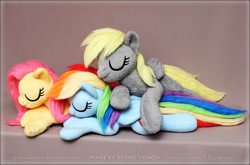 Size: 900x595 | Tagged: safe, artist:ryoko-demon, derpy hooves, fluttershy, rainbow dash, pegasus, pony, cuddling, eyes closed, female, irl, mare, photo, plushie, pony pile, prone, sleeping, smiling, snuggling