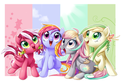 Size: 3000x2000 | Tagged: safe, artist:centchi, oc, oc only, oc:candy star, oc:glittering cloud, oc:morning dew, oc:petal grove, pegasus, pony