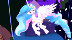 Size: 640x360 | Tagged: safe, princess celestia, alicorn, pony, 3d, animated, explosion, female, flying, let's fly to the castle, mare, mood whiplash, now you fucked up, oh crap, smiling, solo, source filmmaker, spread wings, stupidity, too dumb to live, watch out for that door