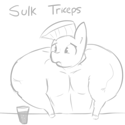 Size: 1080x1080 | Tagged: safe, artist:tjpones, bulk biceps, pony, on your marks, grayscale, monochrome, pun, simple background, solo, sulking, white background