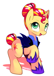 Size: 1133x1592 | Tagged: safe, artist:maren, sunset shimmer, pony, unicorn, alternate costumes, alternate hairstyle, alternate timeline, backwards cutie mark, night maid rarity, night maid sunset, nightmare takeover timeline, open mouth, raised hoof, simple background, solo