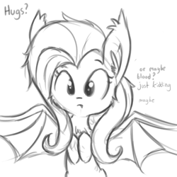 Size: 648x648 | Tagged: safe, artist:tjpones, fluttershy, bat pony, pony, cute, flutterbat, hug request, implied vampirism, monochrome, shyabates, shyabetes, simple background, sketch, solo, this will end in pain, this will not end well, white background