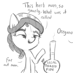 Size: 864x864 | Tagged: safe, artist:tjpones, tree hugger, bong, funny, monochrome, offscreen character, oregano, pipe, simple background, smoking, tree stoner, white background