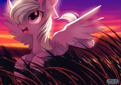 Size: 1415x999 | Tagged: safe, artist:si1vr, flitter, pegasus, pony, bow, female, grass, hair bow, mare, solo, sunset