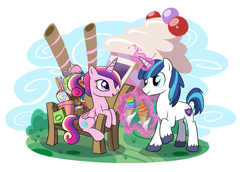 Size: 1300x895 | Tagged: safe, artist:madmax, princess cadance, shining armor, alicorn, pony, unicorn, bench, candy, date, female, first date, ice cream, ice cream cone, levitation, magic, male, mare, shiningcadance, shipping, sitting, stallion, straight, tail wrap, telekinesis