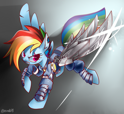 Size: 1200x1100 | Tagged: safe, artist:renokim, rainbow dash, pegasus, pony, the cutie re-mark, alternate timeline, amputee, apocalypse dash, badass, crystal war timeline, prosthetics, scar, solo, wingblade