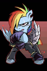 Size: 800x1209 | Tagged: safe, artist:tyuubatu, rainbow dash, pegasus, pony, the cutie re-mark, abstract background, alternate timeline, amputee, apocalypse dash, augmented, clothes, crystal war timeline, looking at you, prosthetic limb, prosthetic wing, prosthetics, raised hoof, scar, solo, tongue out, uniform